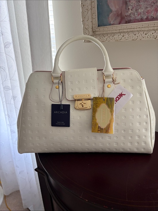 Arcadia Handbags - Arcadia White Embossed Leather Satchel with Gold Hardware